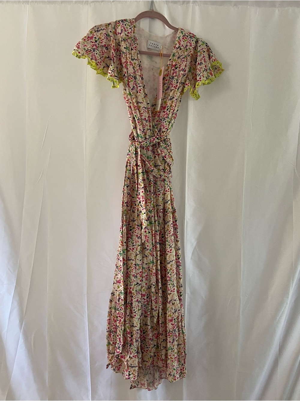 Tanya Taylor Pink Floral Wrap Maxi with Lime Trim